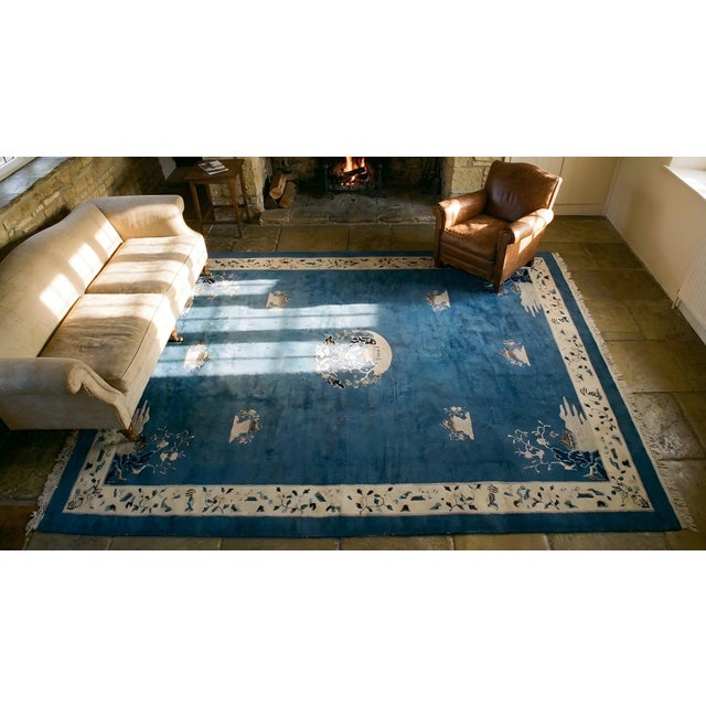 Blue 1890s Blue Medallion Scene Pictorial Antique Chinese Peking Rug 11'4" X 17'2" Handknotted Wool Carpet For Sale - Image 8 of 9
