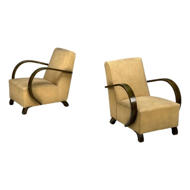 Pair of Vittorio Valabrega, Beige Velvet, Bentwood, Lounge Chairs, Italy, 1940s For Sale