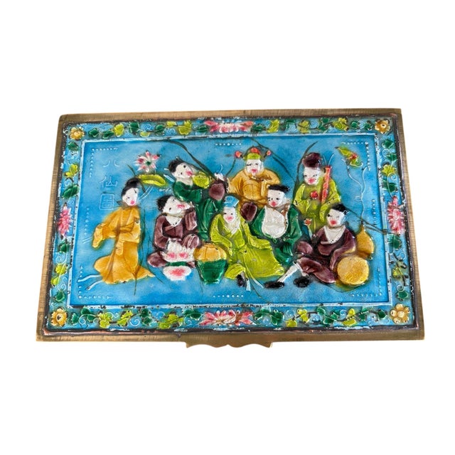 Vintage Chinoiserie Enamel Repousse on Brass Hinged Chinese Box For Sale - Image 4 of 9