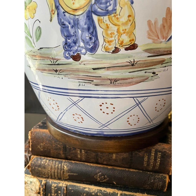 Bright Green Vintage Oversized Italian Ceramic Lamp by Frederick Cooper Depicting Asian Scene For Sale - Image 8 of 11