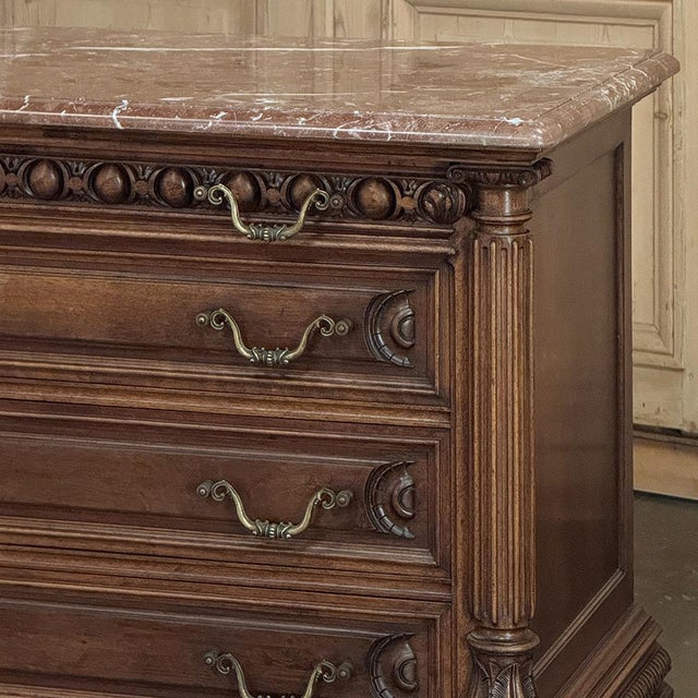 19th Century French Henry II Neoclassical Walnut Commode With Rouge Marble For Sale - Image 9 of 18