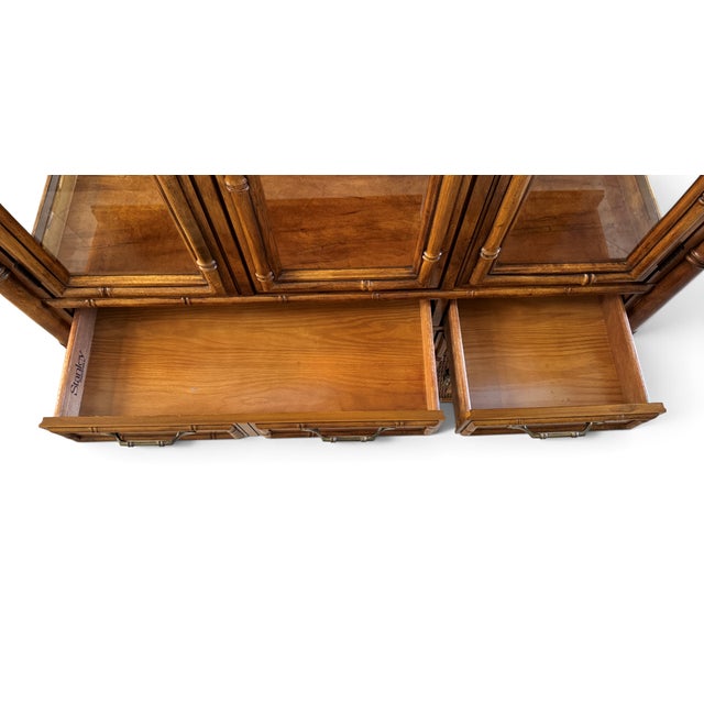 Brown Stanley Faux Bamboo & Rattan Lighted China Display Cabinet For Sale - Image 8 of 18