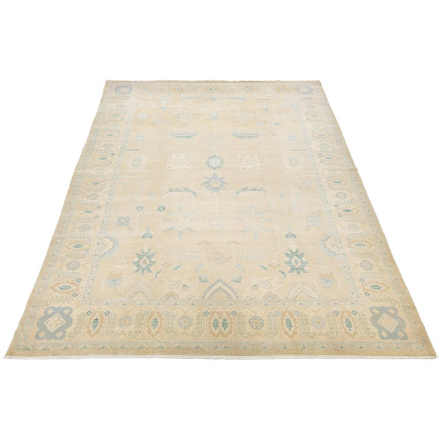 Modern Modern Oushak Wool Rug Hand-Knotted Beige With Botanical Design For Sale - Image 3 of 11