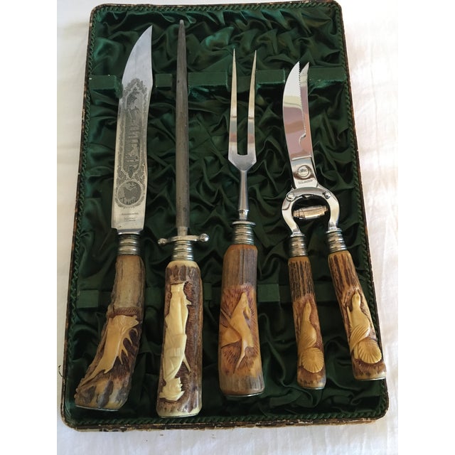 Vintage German Ackermanncher Rostfrei Solingen Germany Carved Antler Handled Meat Carving Set