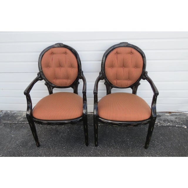 Black Hollywood Regency Pair of Painted Black Side Livingroom Fireplace Chairs For Sale - Image 8 of 13