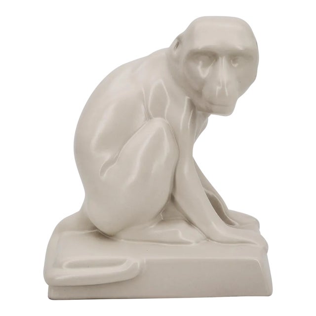 1930s White Art Deco Monkey Figurine, Stoneware, Portuguese For Sale