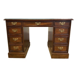 Vintage Sligh Furniture Chippendale Mahogany and Tooled Leather Top Partners Desk With Glass For Sale