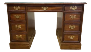 Vintage Sligh Furniture Chippendale Mahogany and Tooled Leather Top Partners Desk With Glass