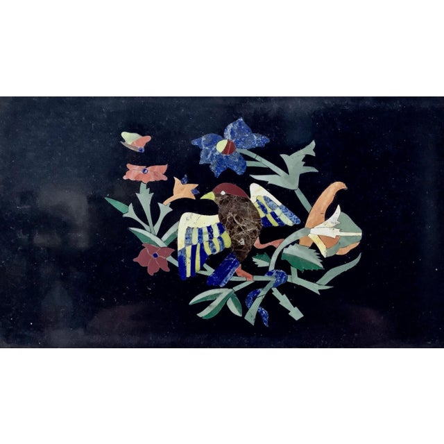 A Beautiful Italian Grand Tour Style Pietra Dura Mosaic On Marble Plaque with gilt framing. Picture is a a colorful mosaic...