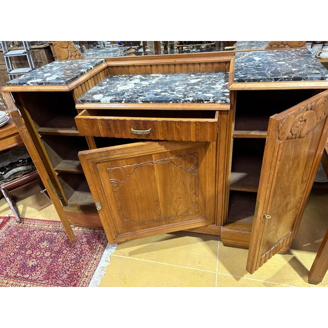 French Art Deco Walnut Sideboard with Marble Top and Original Mirror, 1930s For Sale - Image 9 of 15