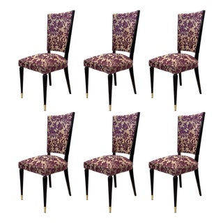 Vintage Set of Six Italian Mid-Century Dining Chairs With Floral Pattern Upholstery For Sale