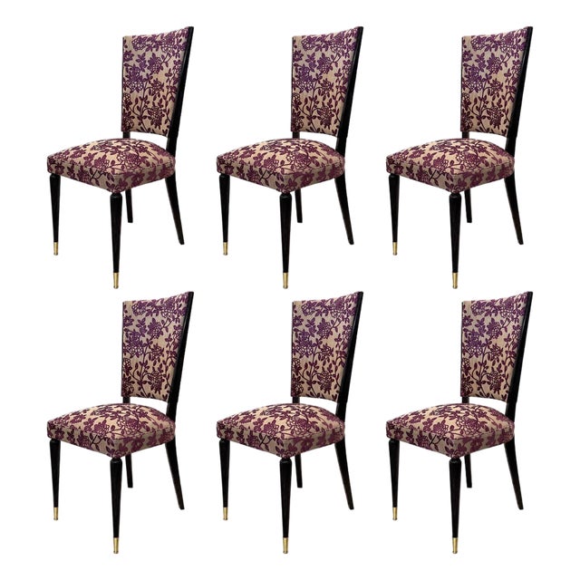 Vintage Set of Six Italian Mid-Century Dining Chairs With Floral Pattern Upholstery For Sale