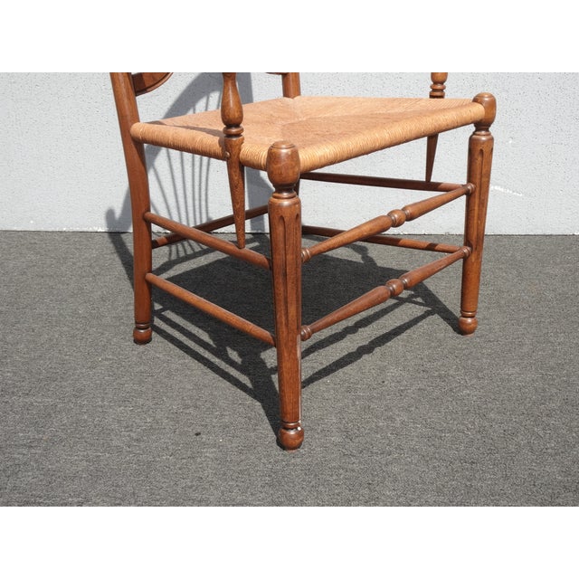 Unique Vintage French Country Oak Rush Seat Arm Chair W Unique Arm Rests For Sale - Image 10 of 12