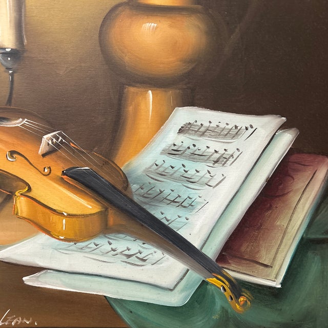 Oxblood Red Original Painting on Canvas With Violin Still Life by Frank Lean Framed For Sale - Image 8 of 12