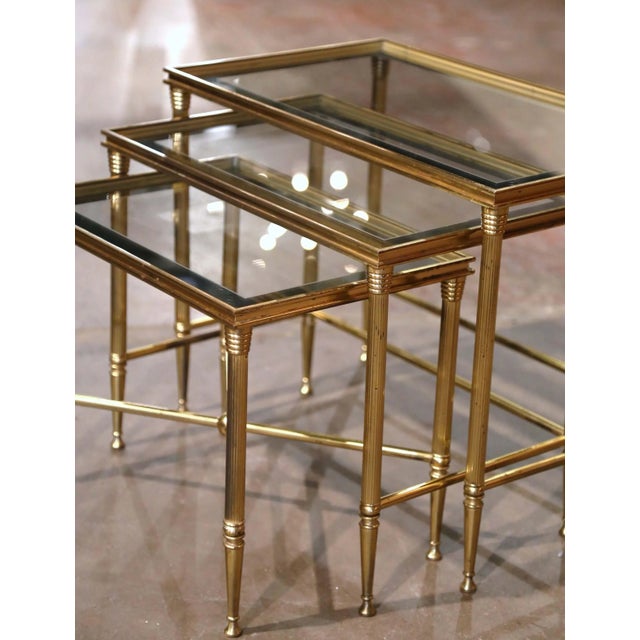 French Mid-Century French Louis XVI Glass Top and Brass Nesting Tables Baguès Style For Sale - Image 3 of 12