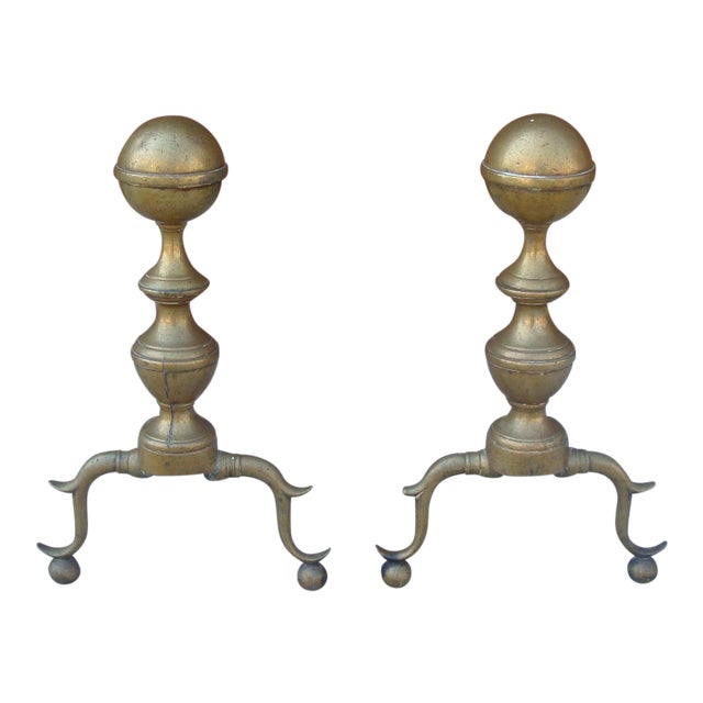 Antique Colonial Brass Ball Fireplace Andirons Pair Chairish