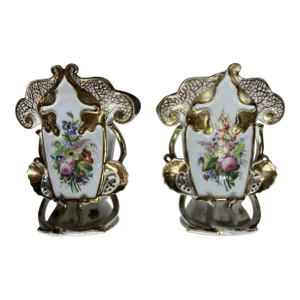 Antique Old Paris Porcelain Spill Vases With Figural & Floral Decoration a Pair