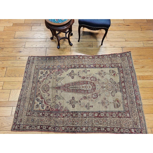 Persian 19th Century Persian Kerman Lavar Pictorial Rug, Hand-Knotted Wool, Tree of Life Pattern, Tan & Red, 4x6 For Sale - Image 3 of 14