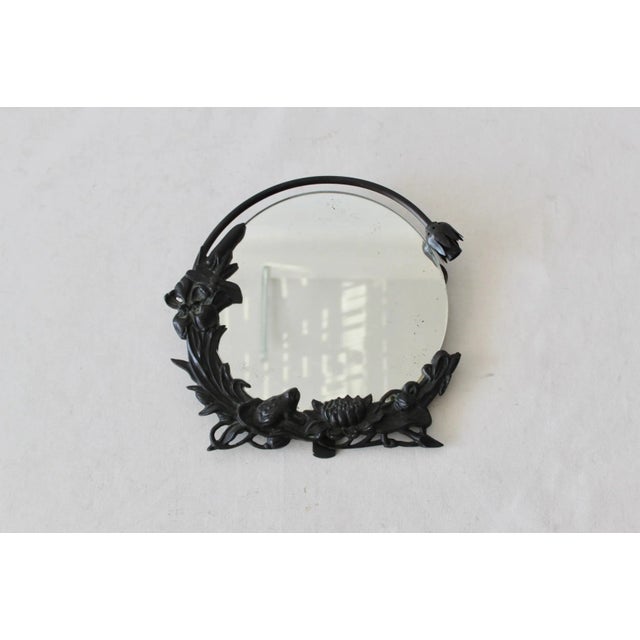 Art Nouveau Vintage Art Nouveau Style Bronze Table Top Mirror Flowers Frog Dragonfly Detail With Light For Sale - Image 3 of 13