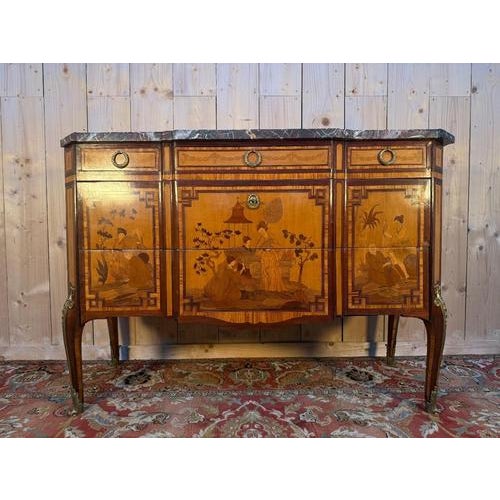 Transition Style Commode in Chinoiserie Marquetry For Sale - Image 10 of 10