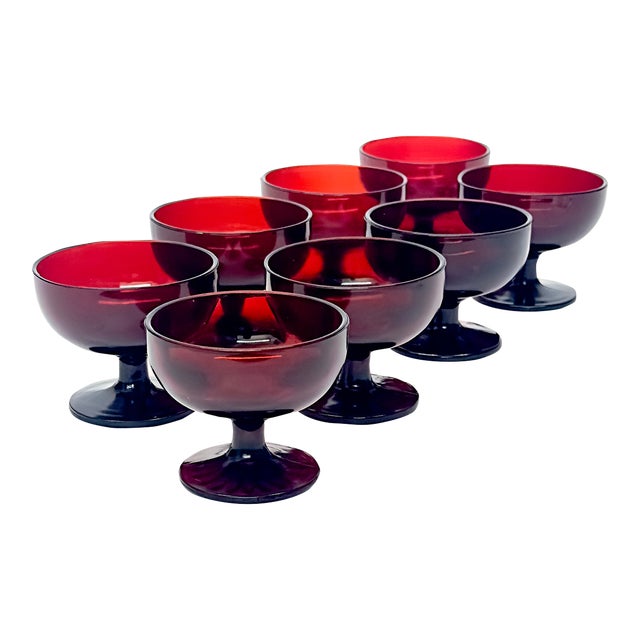 Cherry Red Stemmed Glass Dessert Bowls or Champagne Coupes by Anchor Hocking - Set of 8 For Sale