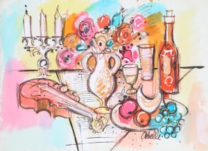Charles Cobelle, "Still Life With Wine and Violin", Painting