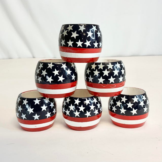 Mid 20th Century Vintage Americana Arts & Crafts Boho Chic Painted Wood Flag Motif Napkin Rings - Set of 6 - 4th of July For Sale - Image 5 of 14