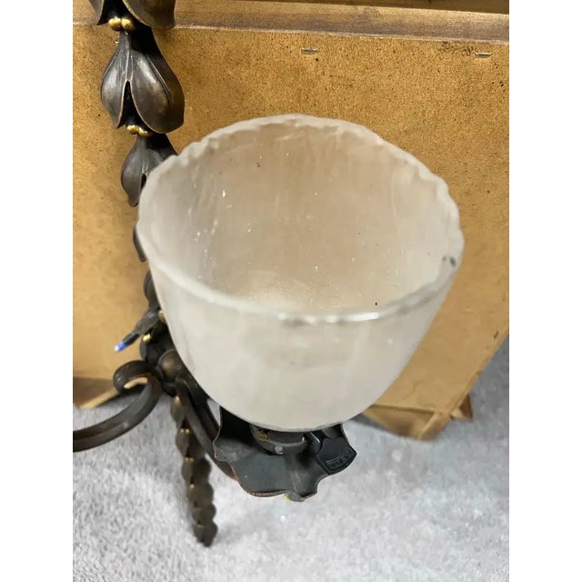 1930s Art Nouveau Two Arms Bronze W Frosted Milk Glass Shades Wall Sconce, a Set of 3 For Sale In New York - Image 6 of 13