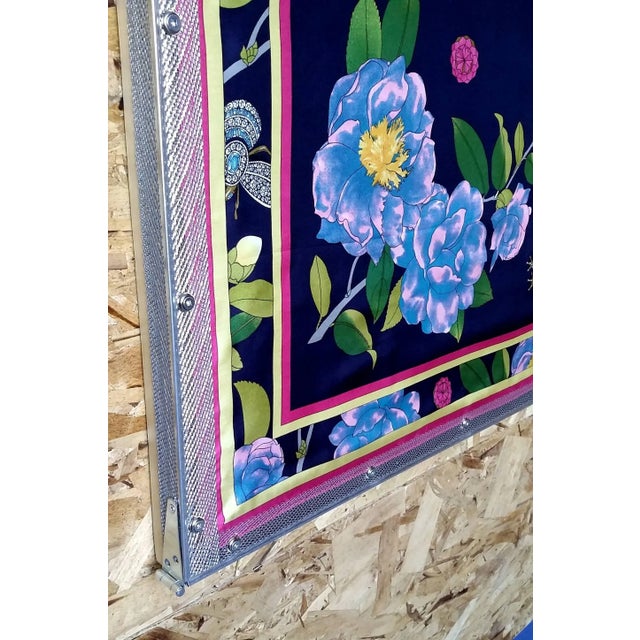 Navy Blue Industrial Style Framed Adrienne Landau Navy Floral Insect Silk Scarf For Sale - Image 8 of 8