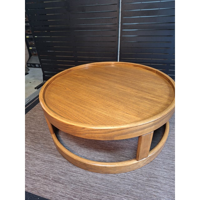 Solid oak coffee table Matching round side table and crescent shape side table also available.