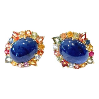 Bochic “Capri” Vintage Blue Sapphire & Multi Pastel Sapphire Earrings Set In 18K For Sale