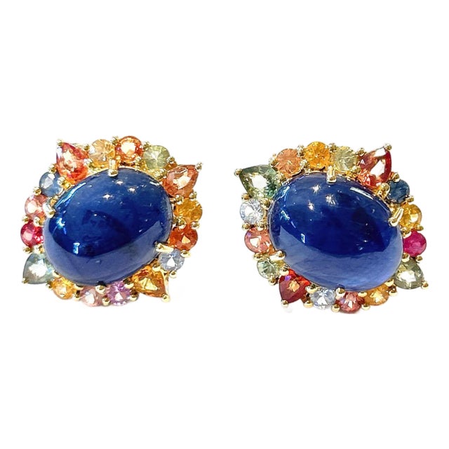 Bochic “Capri” Vintage Blue Sapphire & Multi Pastel Sapphire Earrings Set In 18K For Sale