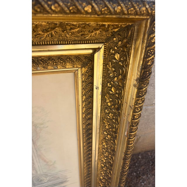 Large 32" Antique Edwardian Gilded Florentine Framed Full-Length Crayon Portrait For Sale - Image 4 of 11