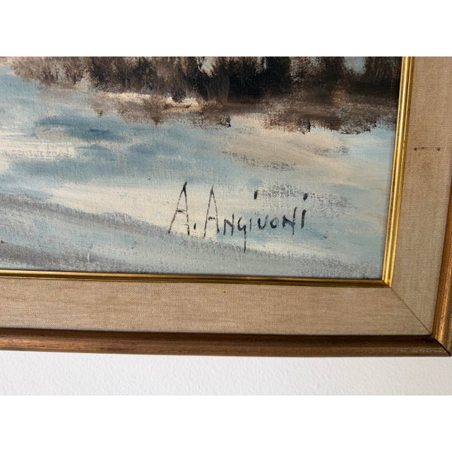 1960s A. Angivoni European Town Winter Landscape Oil on Canvas Painting, Framed For Sale - Image 9 of 11