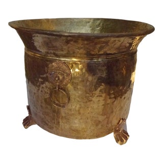 Mid 20th Century Hammered Brass Claw Foot Lion Head Planter For Sale