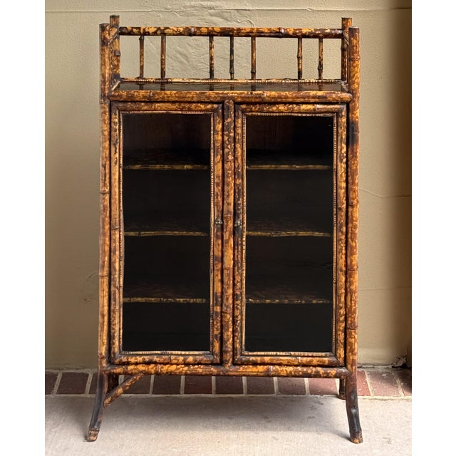 English English Bamboo Bookcase Cabinet With Gallery Top and Two Glazed Doors For Sale - Image 3 of 18