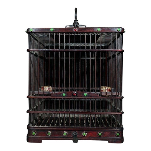 Rosewood Birdcage With Gemstone Inlay and Ceramic Feeders For Sale