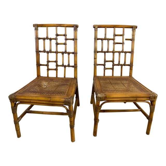 Pair Vintage Baker Furniture Side Chairs ~ Chinoiserie Bamboo Cane Brown Chairs For Sale