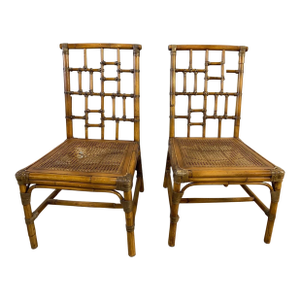 Pair Vintage Baker Furniture Side Chairs ~ Chinoiserie Bamboo Cane Brown Chairs