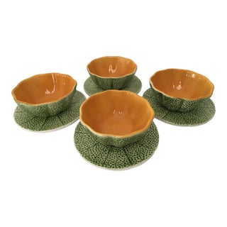 Vintage Majolica Cantaloupe Shaped Bowls & Plates - Set of 4 For Sale