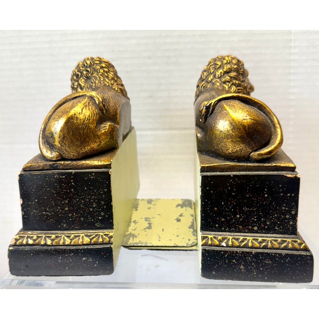 Mid-Century Modern Vintage 1960’s Borghese Gilded Faux Marble Lion Bookends- a Pair For Sale - Image 3 of 10
