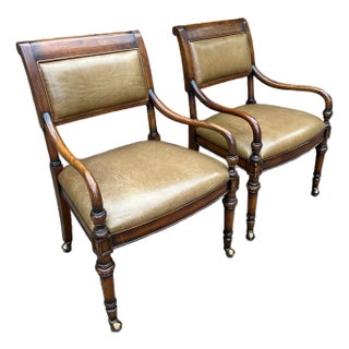 Pair of Wood and Leather Chairs With Brass Casters by Frontgate For Sale