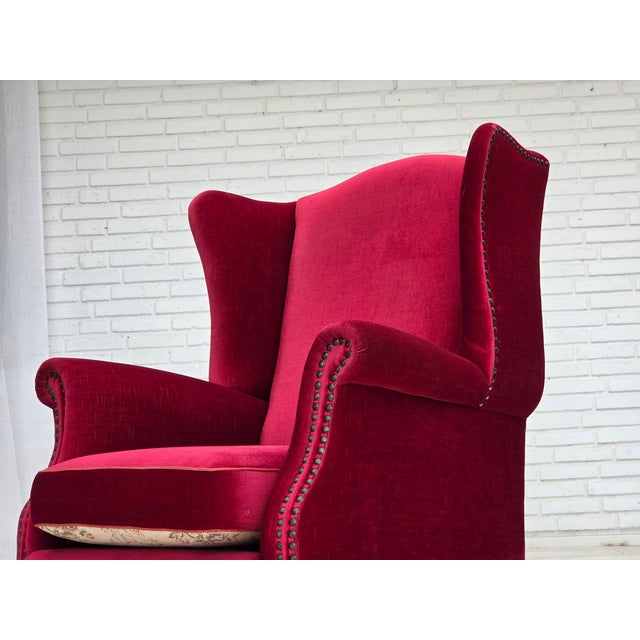 Danish Highback Armchair in Red Velour and Ash, 1970s For Sale - Image 16 of 18