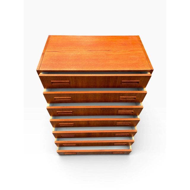 Brown Mid-Century Danish Modern Teak Tallboy Dresser | Chest of Drawers With Carved Pulls For Sale - Image 8 of 15