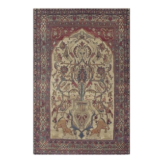 Mid Century Cream Traditional Luxury Pictorial Animal Antique Kerman Silk Rug For Sale