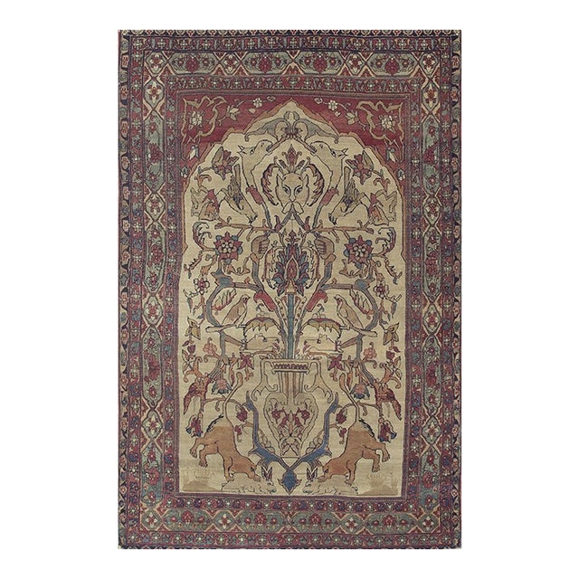 Mid Century Cream Traditional Luxury Pictorial Animal Antique Kerman Silk Rug For Sale