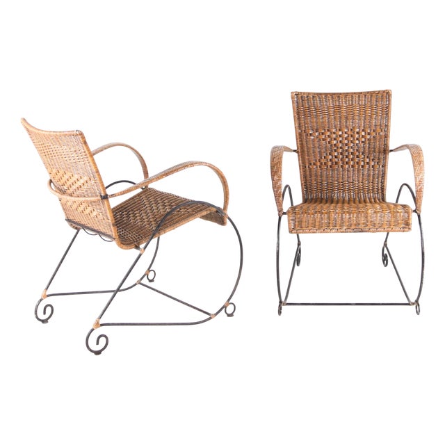 Set of Wicker and Iron Armchairs, 1970s For Sale