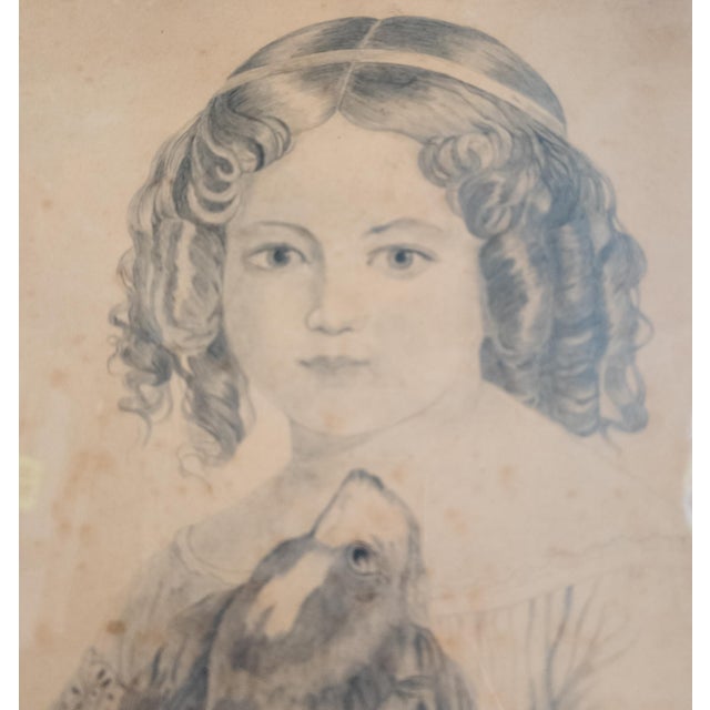 19th Century English or American Pencil Portrait Drawing of a Girl and Her Dog For Sale - Image 9 of 17
