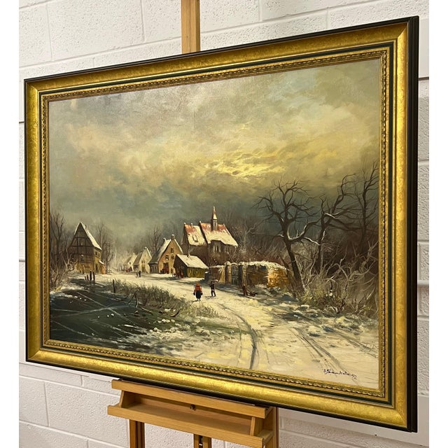 European Village in Winter Snow with Figures & Frozen Pond by German Artist 1972 For Sale - Image 14 of 18