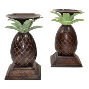Set of 2 Vintage Brass Verdigris Hand-Carved Pineapple Candle Holders Maitland Smith Style